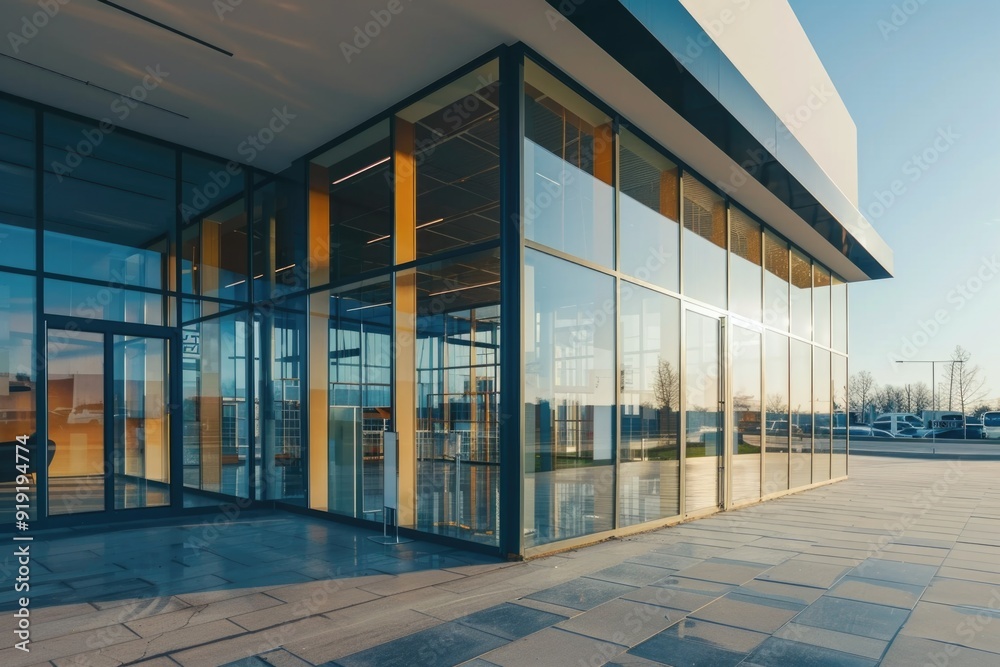 Poster large glass building with many windows on the facade, modern architecture