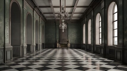 A grungy, abandoned interior with a checkered marble floor.