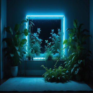 a premium room with fish pond in neon style made with generative AI
