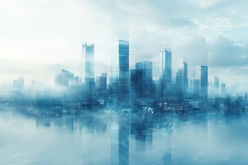Fototapeta premium futuristic architectural blueprint merging with holographic city skyline translucent layers of data and structural elements creating a visionary urban landscape