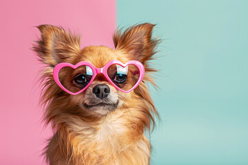 Cute small Chihuahua dog with pink heart shaped glasses on pastel pink and blue background