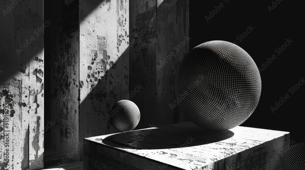 Poster a simple still life composition featuring a vase and a sphere against a plain background
