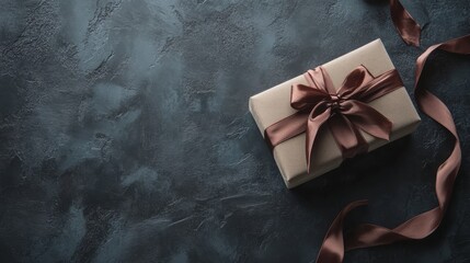 Brown Gift Box with Bow on a Dark Gray Background