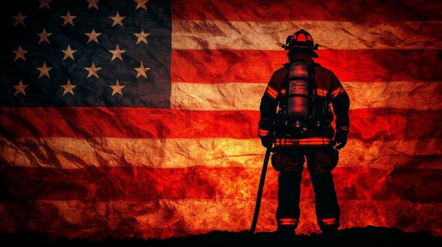 American firefighter standing against US flag background