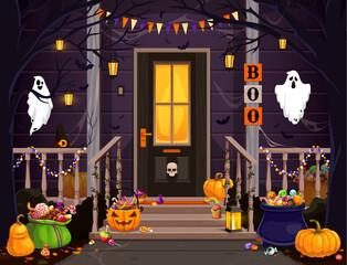 Halloween door porch with sweets in buckets, scary ghosts and pumpkins, cartoon vector. Halloween holiday and trick or treat party boo ghosts with skull on house door and monster candies with spiders © Vector Tradition
