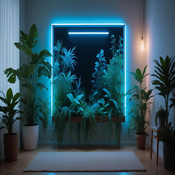 a premium room with fish pond in neon style made with generative AI