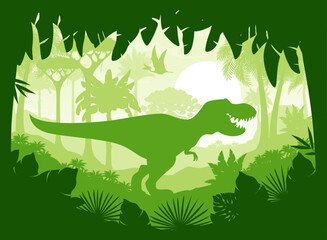T Rex dinosaur silhouette in jungle tropical forest of Jurassic park, cartoon vector background. Tyrannosaurus or T-rex prehistoric dino lizard roaring in jungles forest with pterodactyl silhouette © Vector Tradition