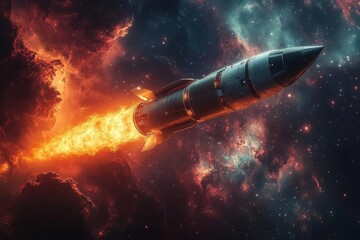 Fototapeta premium futuristic rocket silhouette soaring through a cosmic tapestry of swirling galaxies and nebulae striking contrast between dark spacecraft and vibrant celestial backdrop