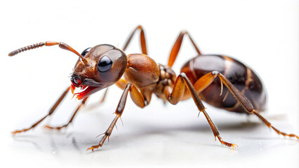 A brown ant crawls on a smooth white surface, displaying intricate details of its body and antennae in a natural position