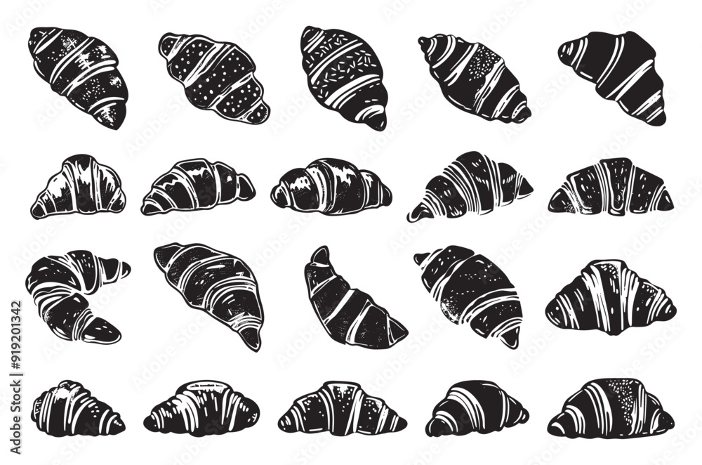 Wall mural differents croissants linocut print style icons set varied croissant types neat thick strokes detail
