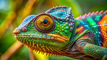 A vivid chameleon displays its striking colors while resting on a branch in lush tropical surroundings