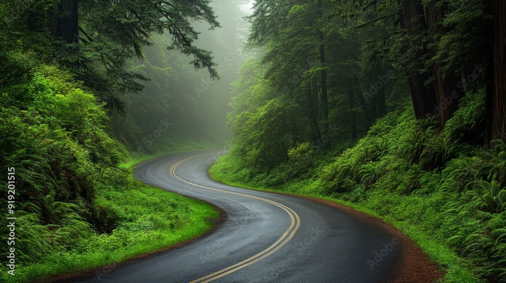 Wall mural A picturesque road meandering through lush greenery and massive redwoods in the Redwood National Forest, with mist creating a mystical atmosphere