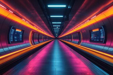 Fototapeta premium futuristic subway station with holographic displays realtime train tracking sleek design commuters interacting with touch screens dynamic lighting