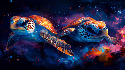 print cute colorful baby turtle illustration coral background