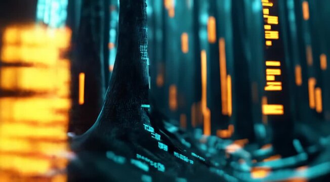 Abstract digital forest with glowing binary codes on trees and soft blue and orange lighting, representing technology and data flow in a natural analogy.
