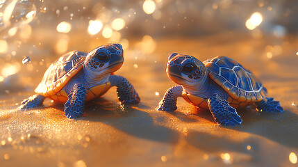 print cute colorful baby turtle illustration on sand background