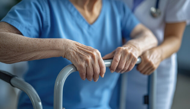 Doctor helping elderly woman holding walking frame
