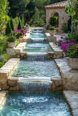 Naklejka premium A sophisticated water feature with sculpted stone fountains, creating a tranquil ambiance in a luxurious garden setting