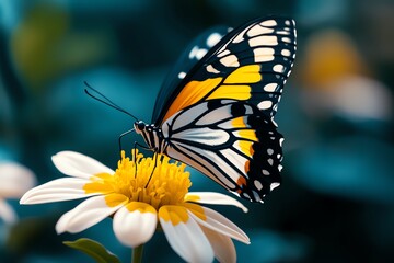 Naklejka premium Minimalist Butterfly Perching on Delicate Flower in Serene Nature Scene