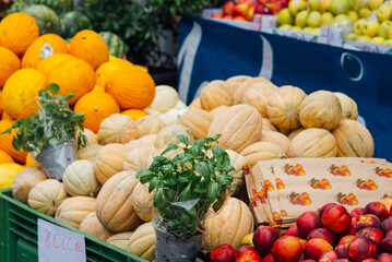 Melons sur un étal de marché. Marché de Verbania. Fruits et légumes de l'été. Melon orange biologiques en Italie. Nourriture saine. Couleurs complémentaires