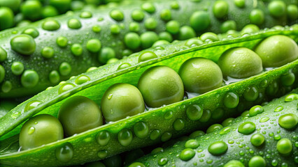 Lush green pea pods are filled with vibrant peas, covered in glistening water droplets after a refreshing rain
