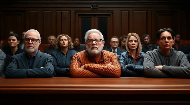Diverse group of people seated in a courtroom with serious expressions, likely jury members or audience, in a wooden-paneled setting.