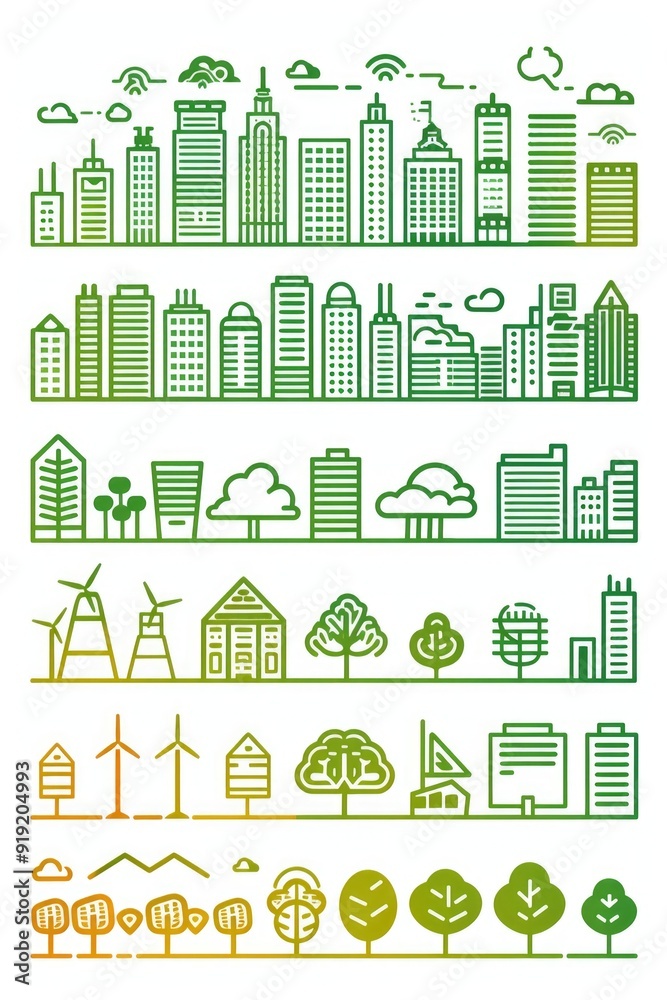 Aufkleber Architecture and nature coexist in this scene with various building types and tree species