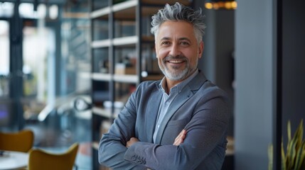 Smiling handsome businessman with crossed arms in modern office, middle-aged gray-haired man exuding confidence, business success concept.