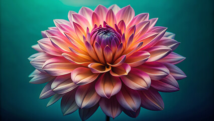 Obraz premium A stunning dahlia flower showcases intricate petals in shades of pink and orange, elegantly blooming against a gentle blue-green background