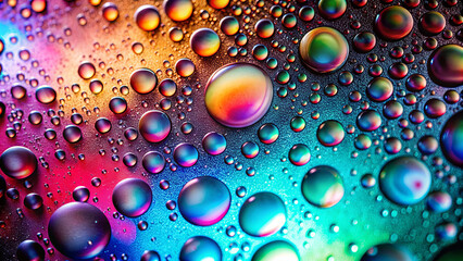 Brightly colored droplets are scattered across a dark surface, reflecting light and creating a dynamic, colorful visual effect