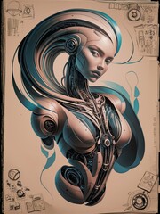 Futuristic Cybernetic Female Android Concept Art with Intricate Mechanical Design and Advanced Technology Elements - Sci-Fi Illustration of a High-Tech Humanoid Robot