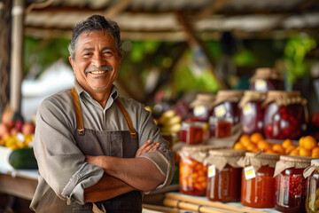Senior farmer standing with arms crossed smiling at the camera in front of his stall with homemade marmalade and pickles