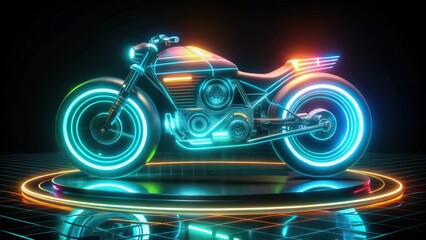 Futuristic Motorcycle with Neon Glowing Wheels on a Grid Platform