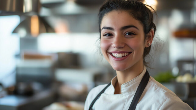 Happy female chef working in kitchen, joyful cook preparing meals, positive experience in culinary environment, cheerful moment of professional cooking

