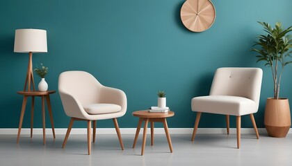 A modern living room with a teal green wall, a round white mirror, a wooden side table with a vase of flowers, and a beige upholstered chair and ottoman