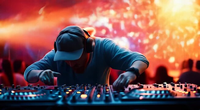 DJ performing at a vibrant nightclub, mixing music on a turntable with colorful light trails in the background.