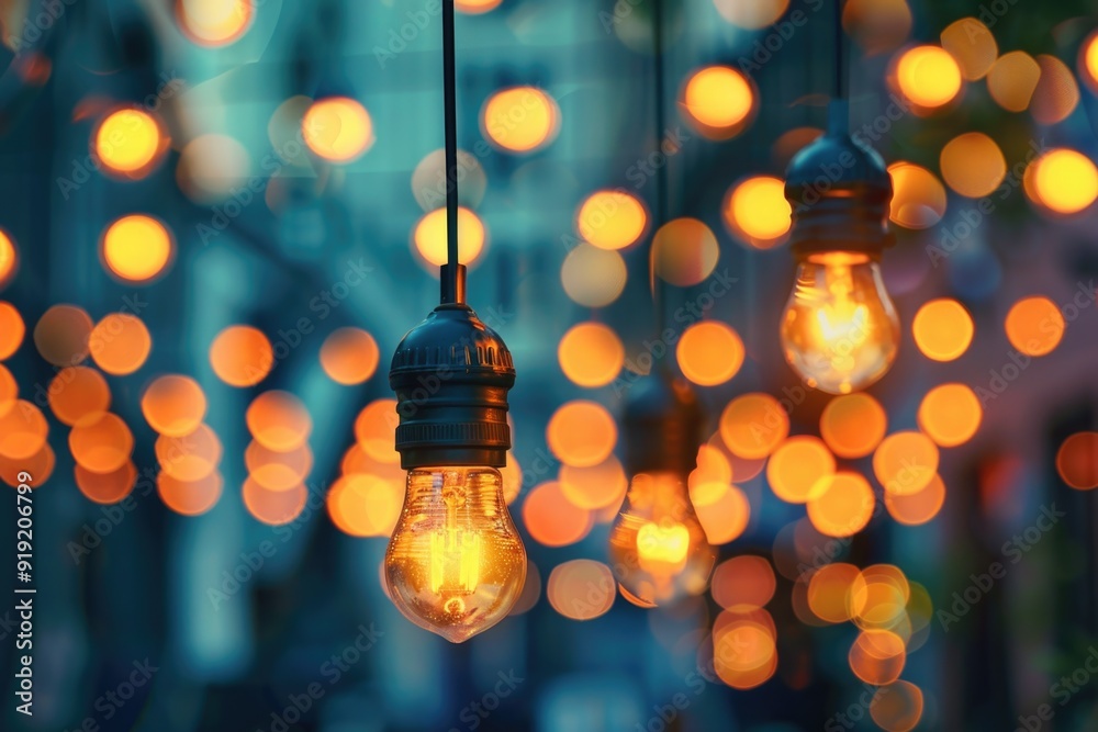 Poster a string of light bulbs suspended from above, with varying shades and sizes