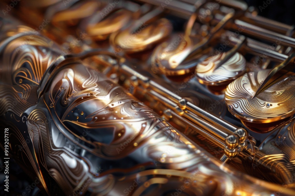 Poster a close-up shot of a gold instrument, suitable for use in editorial or commercial contexts where pre