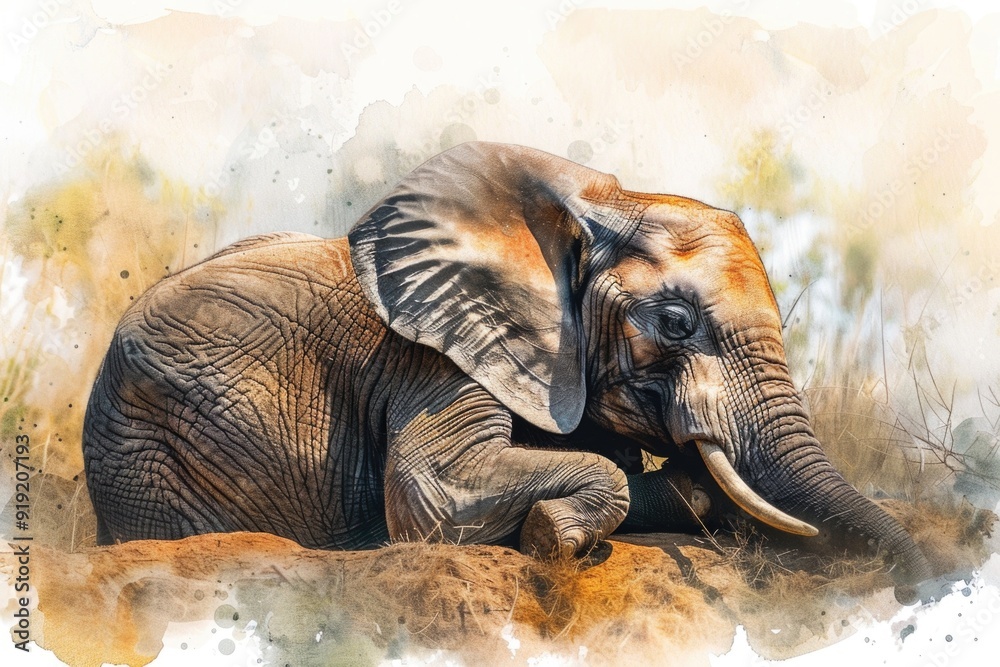 Poster A close-up view of an elephant lying down on the ground