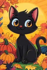Coloring book cover for kids. Cartoon black cat with big eyes and a big smile. There are pumpkins and the sun is setting on a nice autumn day