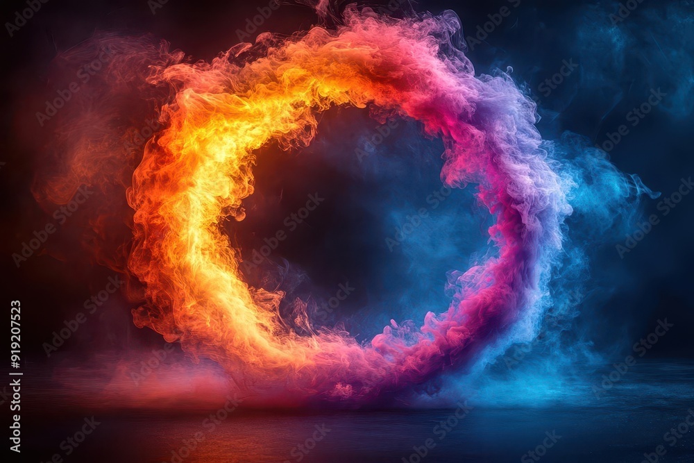 Wall mural dramatic neon smoke ring vibrant multicolored smoke exploding outwards from empty center creating et