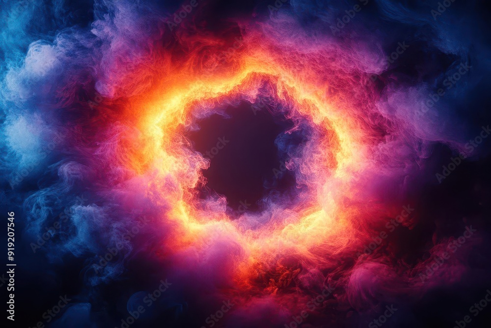 Wall mural dramatic neon smoke ring vibrant multicolored smoke exploding outwards from empty center creating et