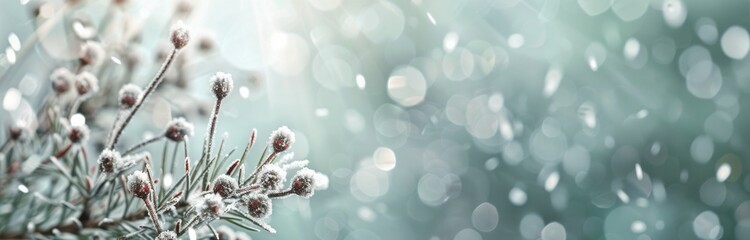 Winter Wonderland With Snow-Covered Branches And Delicate Flowers In Soft Light