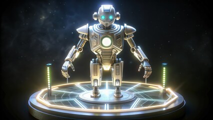 Obraz premium A Futuristic Robot Standing on a Glowing Platform