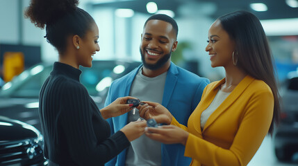 Excited multiracial couple receiving house keys, happy homeowners starting new chapter, joyful moment of property ownership, diverse couple embracing their new home