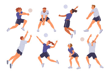 Volleyball players. Professional athletes in dynamic poses. People hit and serve ball with hands. Man jumping. Woman throwing. Volleyballer exercises. Competition court. Garish vector set