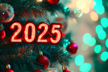 The image features the text "2025" set against a blurred festive New Year installation.
