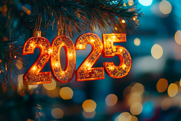 The image features the text "2025" set against a blurred festive New Year installation.