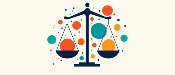 Colorful design of a balanced scale symbolizing justice, equality, and fairness in a modern aesthetic.