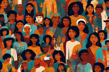 Vibrant abstract art seamless pattern featuring a diverse crowd of people. A multi-ethnic community and culturally rich group depicted in a modern collage painting style